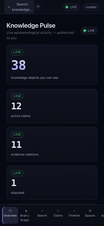 EPISTEMOS Panel on a phone screen, showing the Knowledge Pulse metrics stacked vertically with a bottom navigation bar.
