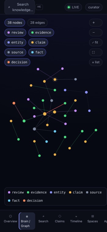 EPISTEMOS Panel knowledge graph on a phone screen, with the typed node graph and a bottom navigation bar.